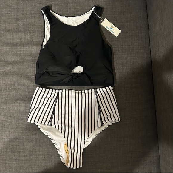 Tie Front Stripe Print High Waisted Bikini - Picture 2 of 2